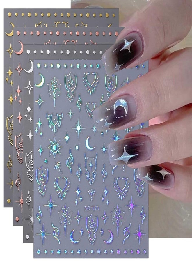 SPLOCUDU 12 Sheets Gold Nail Stickers Star Nail Art Stickers Moon 3D Self Adhesive Nail Decals Silver Rose Gold Black Nail Art Decals Holographic Nails Design for Women Girls Accessories DIY Manicure - Image 2